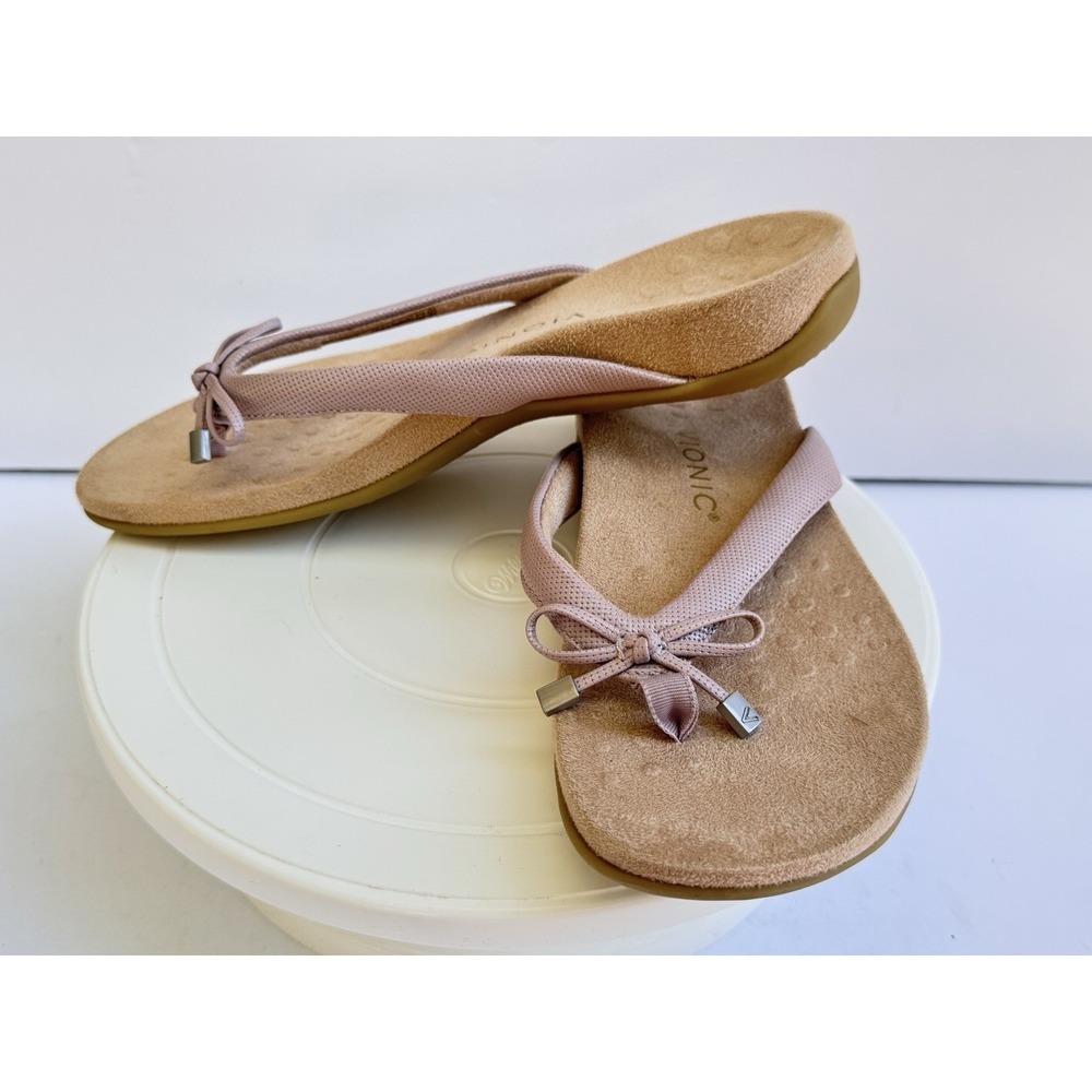 Vionic Bella Pink Leather Thong Sandals Womens 9 Orthotic Comfort Bow Flats